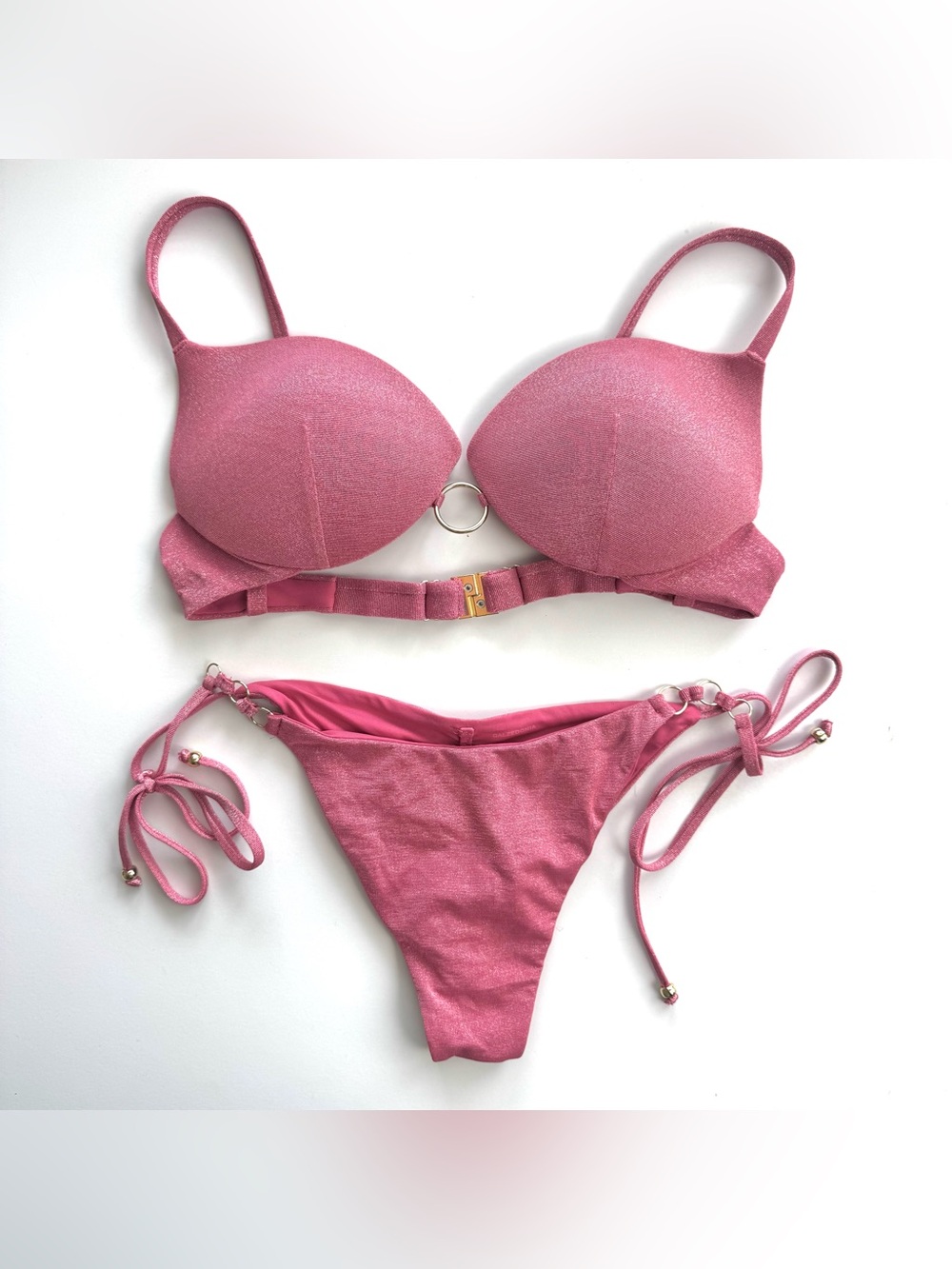Calzedonia Women’s S Pink Shimmer 2 Pc Bikini Set Super Push Up Top & Scrunch
